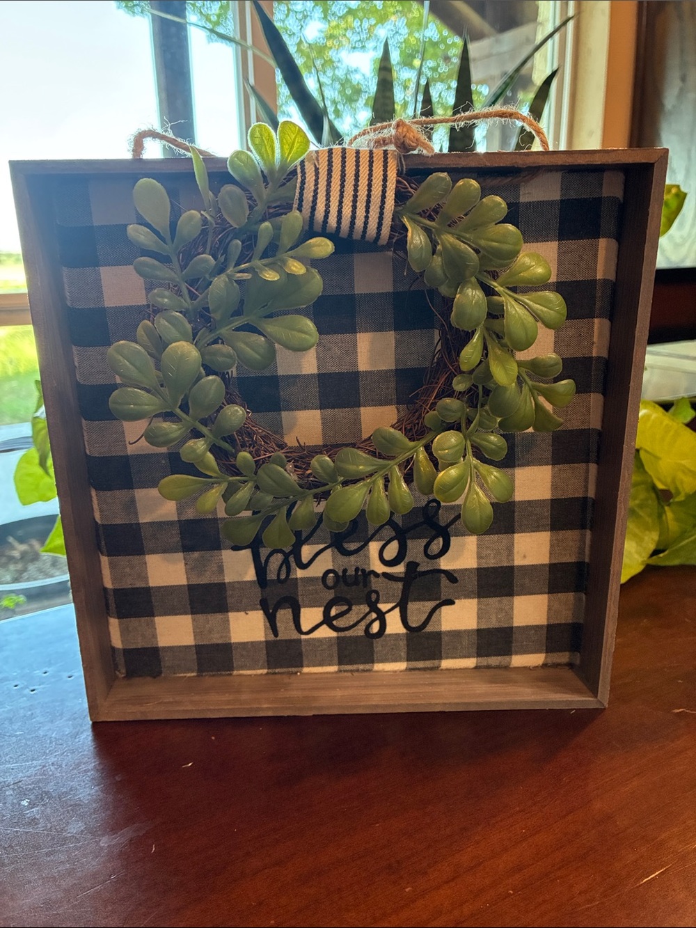 New "Bless Our Nest" Framed Decor w/ Wreath and Black & White Gingham Background